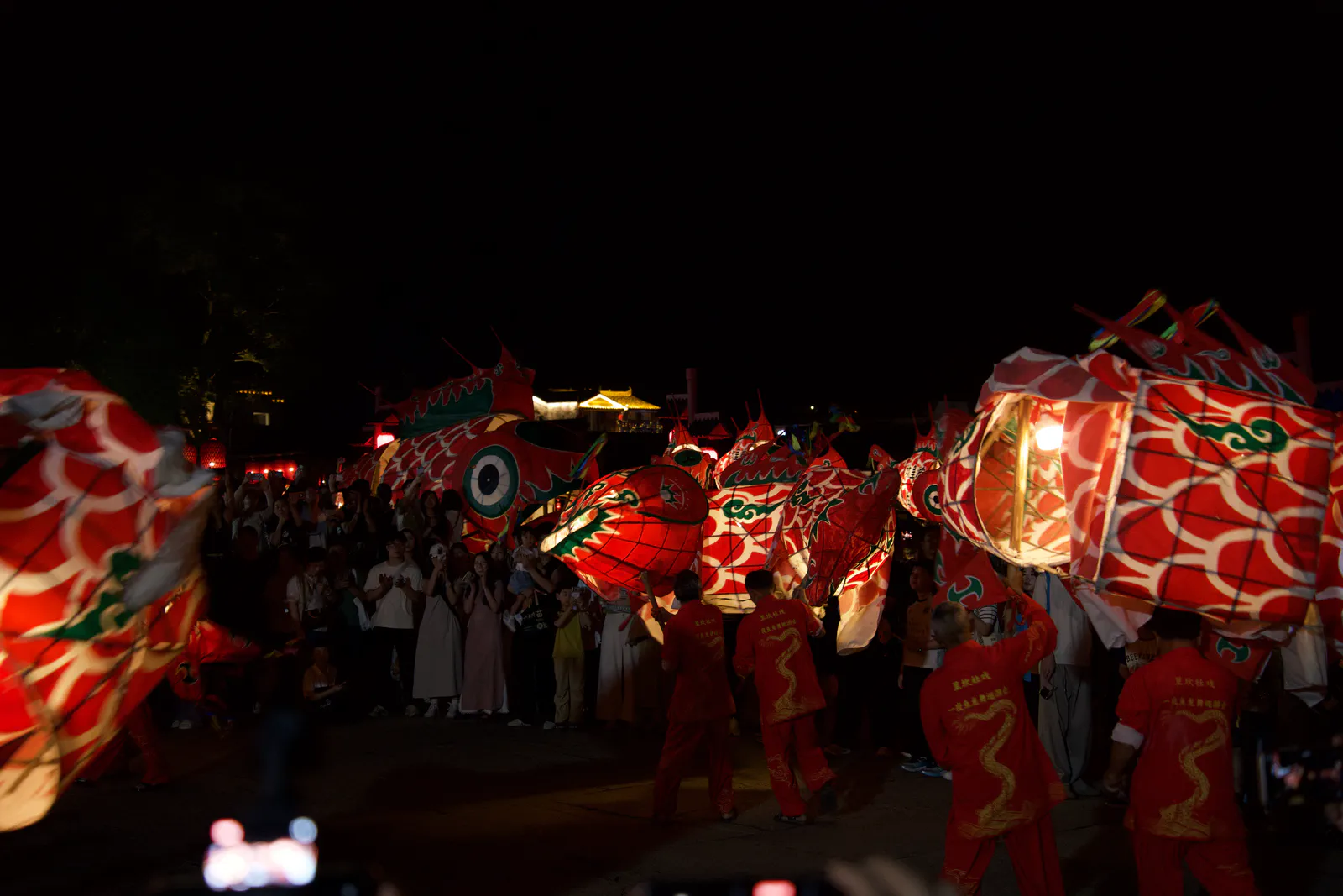 A procession of illuminated fish lanterns through the village at night.