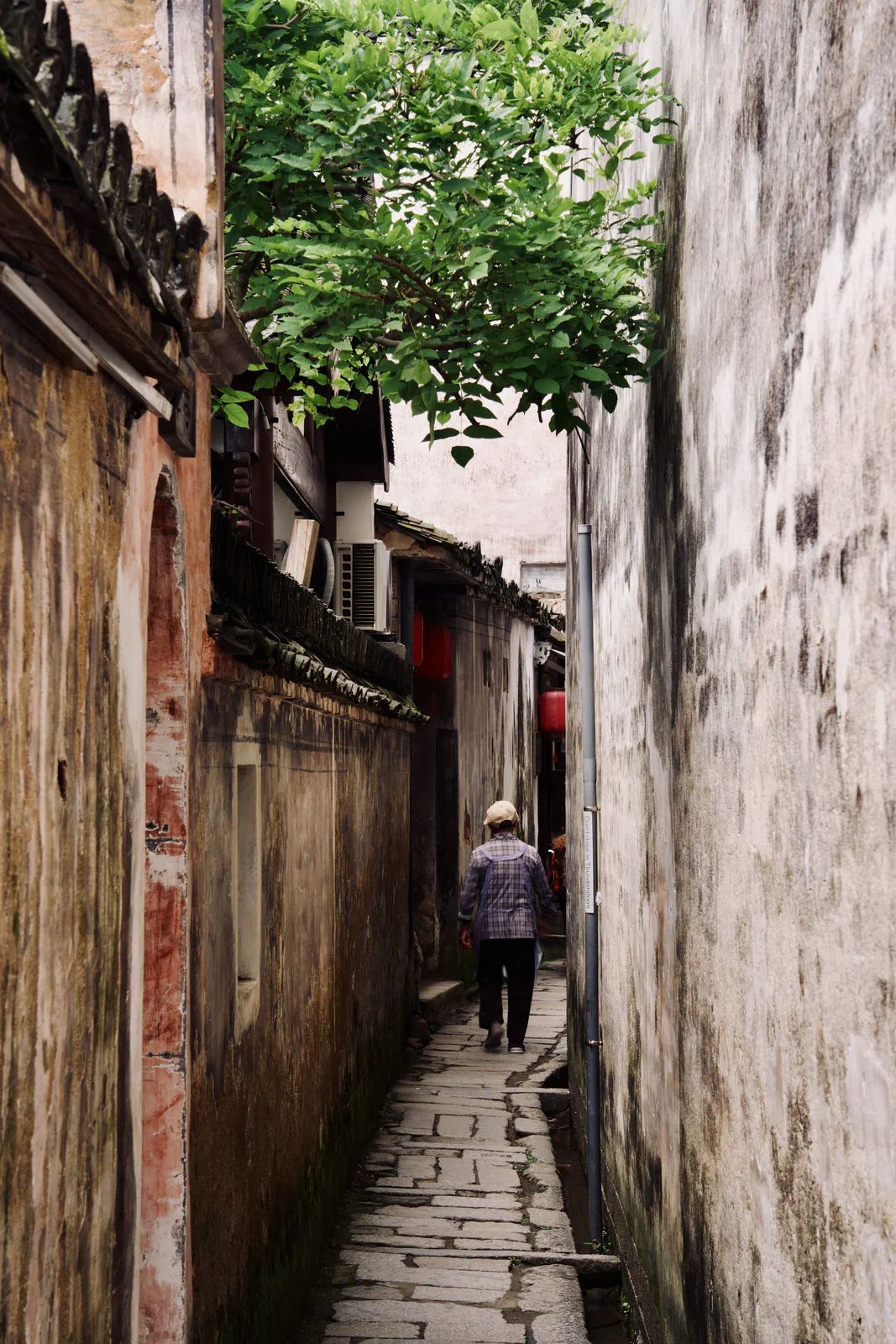 A narrow stone-paved alley between tall village walls.