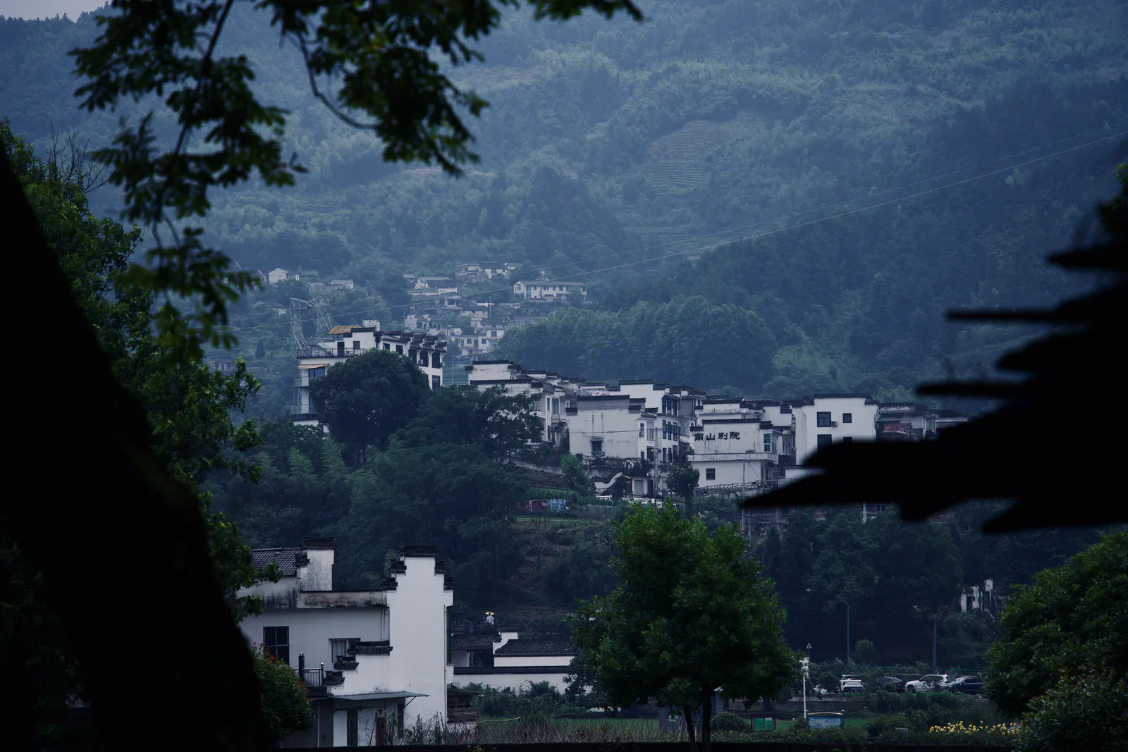 White houses clustered beneath green mountains, seen through tree branches.